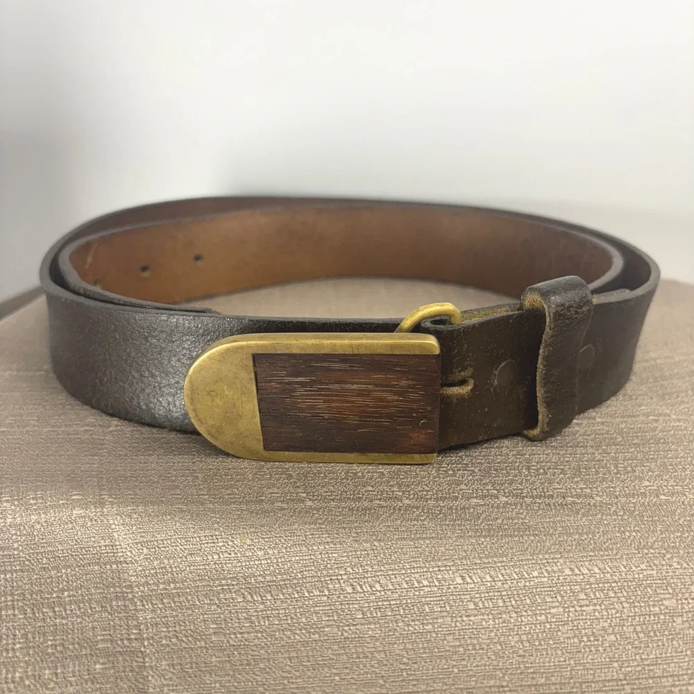 BTS Leather Belt Men 38 Brown Rare Vintage 70s Wood Inlay Solid Brass Buckle USA